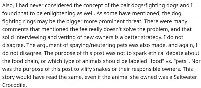 The purpose of the post is not to raise an ethical debate over what animals can be considered food, but about the lies some snake owners use