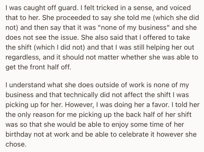OP felt tricked and their coworker stood her ground that she did nothing wrong