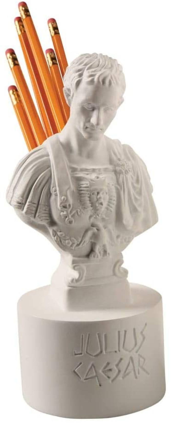 32. Julius Caesar, but is stabbed by pencils