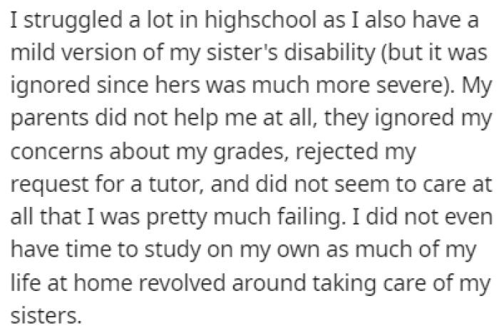 OP struggled in high school because of her mild disability