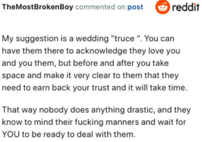 Proposing a wedding ceasefire as a means to restore faith and confidence