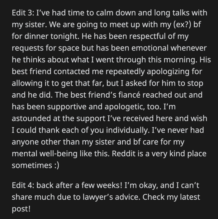 OP thanked everyone for their support. She and her sister were planning to meet her boyfriend around the time she posted the update.