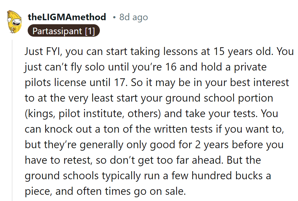 At 15, she can start flying, solo at 16, license at 17—get ready for takeoff! Ground school is her runway to success!