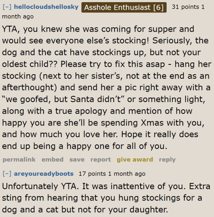 Imagine being in the OP's situation. You see the pets' stockings but don't see yours. How would you feel?