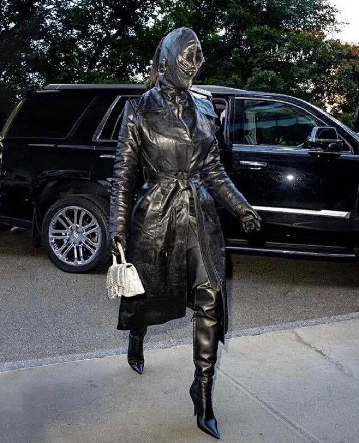 19. Kim Kardashian covers her whole face with a head-to-toe leather outfit in NYC during fashion week