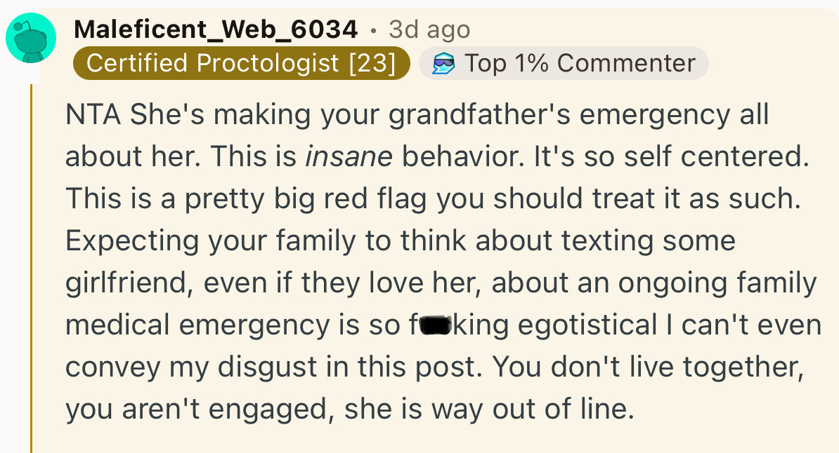“NTA She's making your grandfather's emergency all about her.”