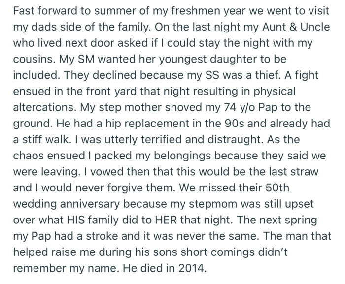 OP lost her beloved Grandpa when she was a teenager. It caused her so much pain knowing her stepmom was responsible for making his health deteriorate