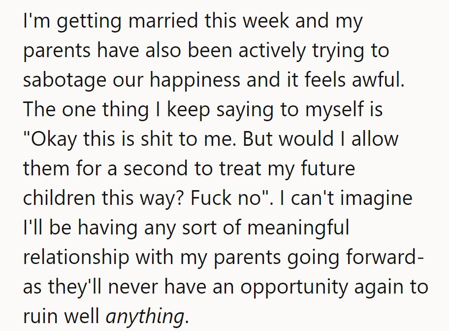 Wedding sabotage? Future kids veto. No room for drama in the family album.