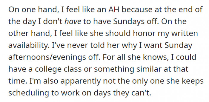 The dilemma lies in whether or not OP should just accept her fate—a.k.a. that she will have to work during what she considers to be her personal time.