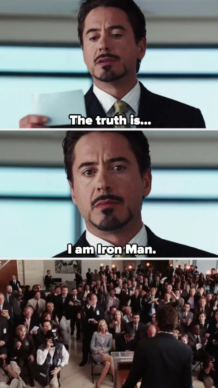 At the conclusion of Iron Man, Tony Stark didn't admit that he was the movie's superhero until Robert Downey Jr. revised his final line.