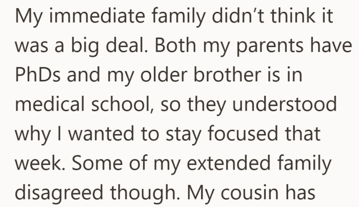 Her immediate family understood the pressure of major exams. Some relatives saw the situation another way.