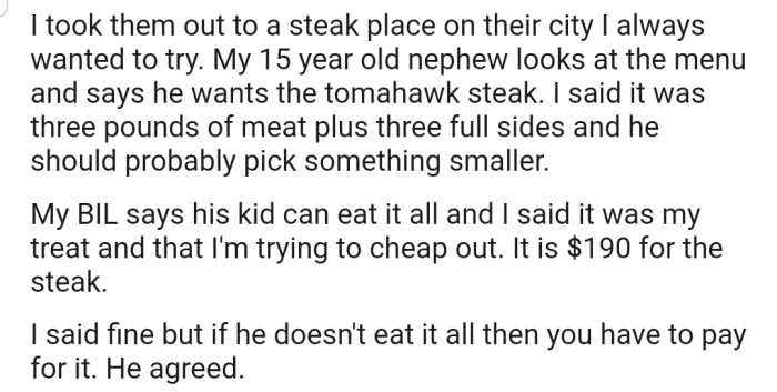 OP's nephew ordered a tomahawk steak, which OP advised against due to its size. However, their BIL insisted, and OP agreed to let him have it, but not without an agreement that if the boy didn't finish it, then BIL would have to pay.