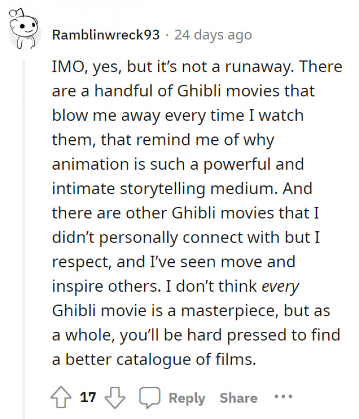 Such great sentiments. Every film is an experience; Spirited Away can be the best to some, but to others, not so much.