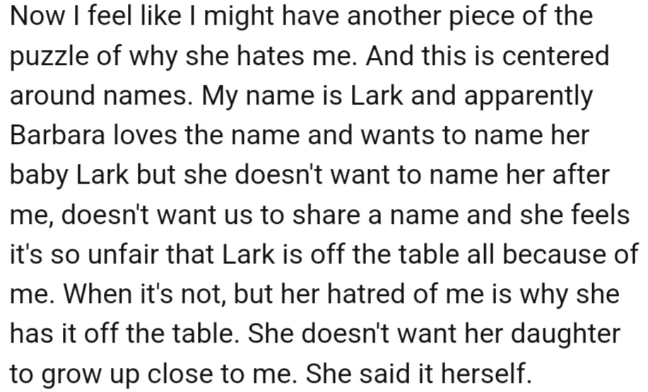 OP's name is Lark, and her sister (Barbara) has always been fond of that name. In fact, she has always wanted to use it for her own child, but here's the thing—she doesn't want to name her baby after OP.