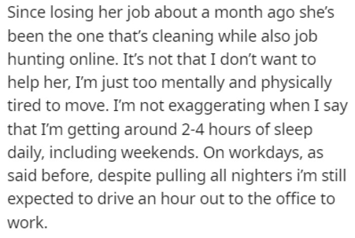 Since the fiancé lost her job, she's been the one cleaning the place