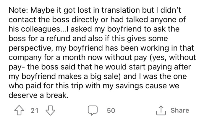 In a later edit, the OP clarified that she didn't actually contact her boyfriend's boss.