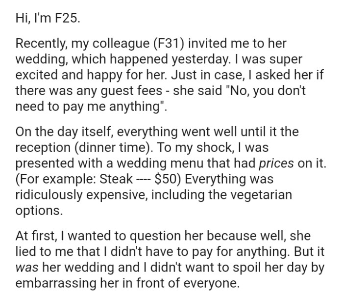 To the OP's shock, she was presented with a wedding menu that had prices on it