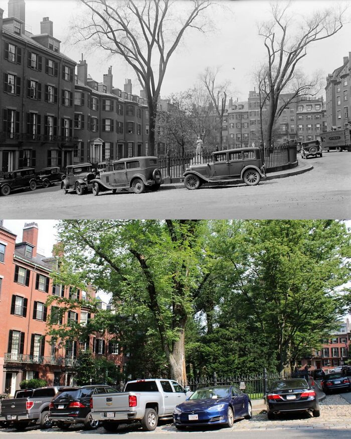 "Louisburg Square On Beacon Hill In Boston, In 1930 And 2021"