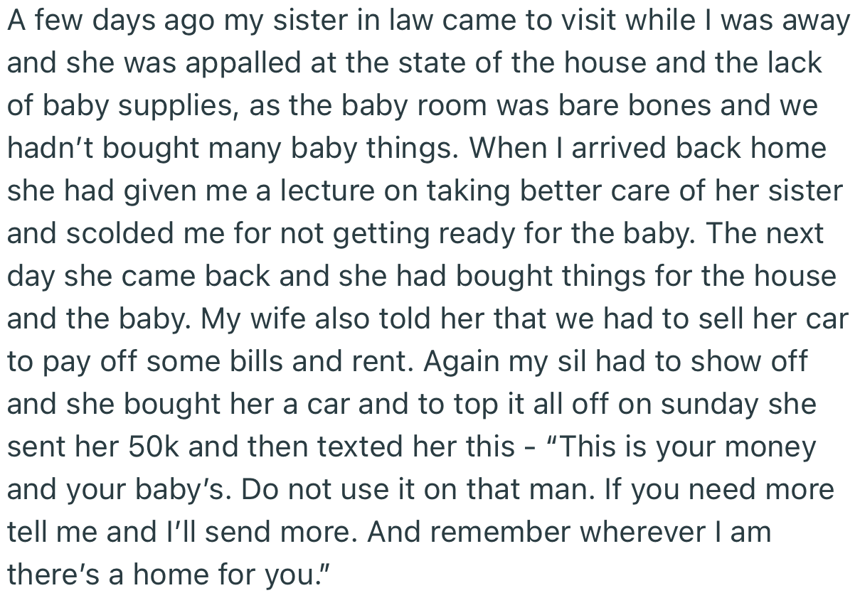 Upon Seeing Their Financial State, OP’s SIL Stocked Up the House and Sent Some Money to His Wife. However, She Made Sure to Throw Jabs at OP for Being an “Irresponsible” Husband