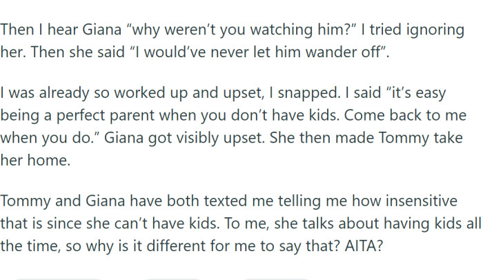 OP, pushed to her limits, retorted that it's easy to be a perfect parent when one doesn't have kids.