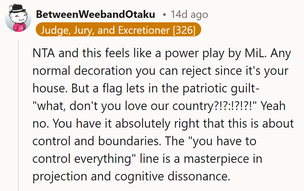 It's not about patriotism; it's about boundaries. Her MIL's perspective on control is skewed.