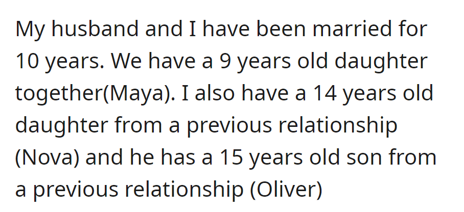 OP's been married for 10 years, with daughters Maya (9) and Nova (14), and stepson Oliver (15).