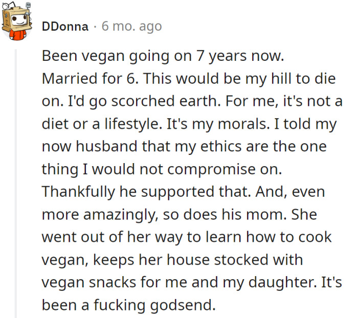 Seven years vegan, six years married, and ethics are her unbeatable game. Husband and his mom got the memo—now it's a godsend of vegan snacks and family bliss.