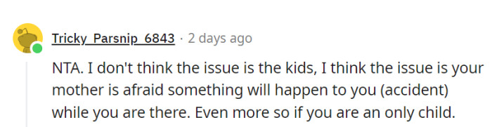 Mom's got an imagination on steroids, fearing accidents, especially with them as an only child.