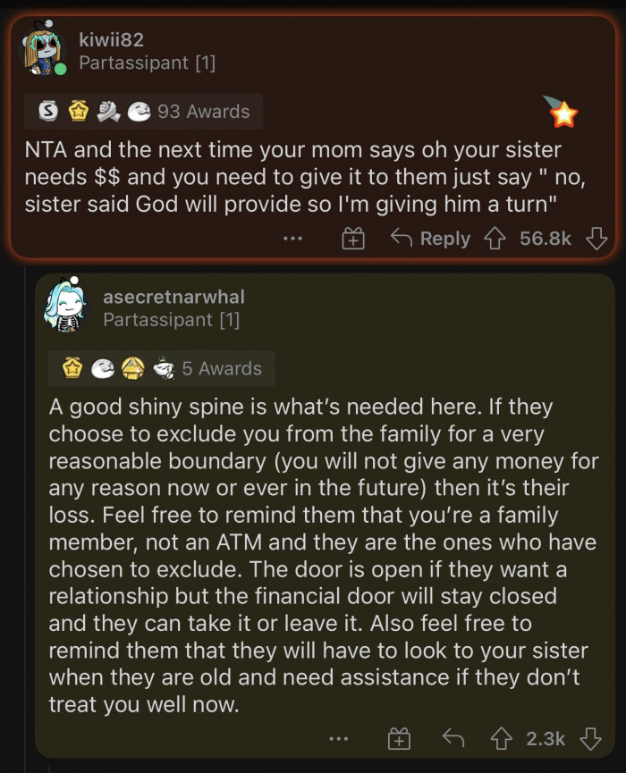 OP's family treats her like an ATM. Good riddance.