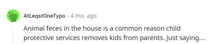 The observation is spot on: animal feces in the house can lead to Child Protective Services taking action. Maintaining a clean environment should be everyone's responsibility.