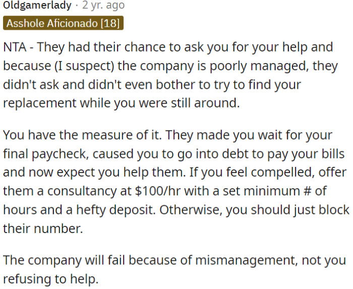The company's failure is due to mismanagement, not OP's refusal to assist.