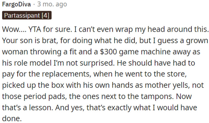 OP's son's behavior is bratty, but as a grown woman, her reaction was extreme and inappropriate.