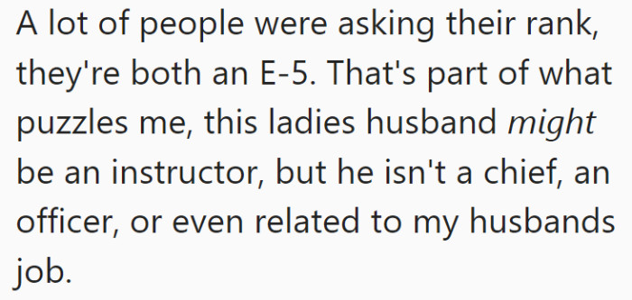 Then she explains their husbands' ranks and how they are literally the same.