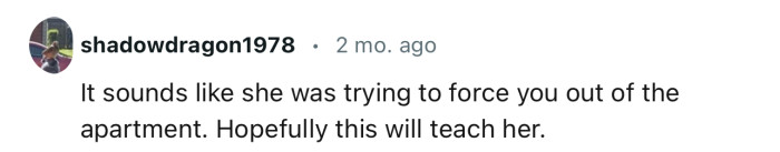 “It sounds like she was trying to force you out of the apartment.”