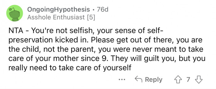 Op has the right to take care of herself.