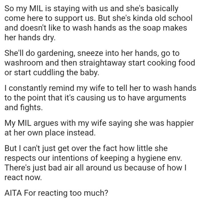 The OP constantly reminds his wife to tell her mom to wash her hands to the point that it's causing them to have arguments and fights