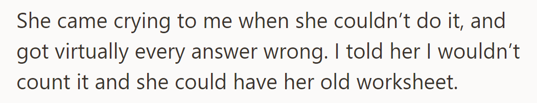 Mia cried over Warren's worksheet. OP consoled her and let her use her old one.