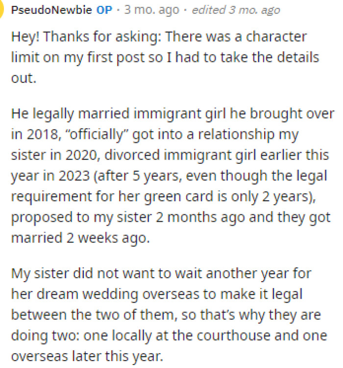 OP provided us with a lot of information in this comment about their sister's relationship and the reason why they're having two weddings.