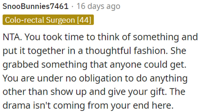 OP put thought and effort into her gift, while Laura just grabbed something generic.