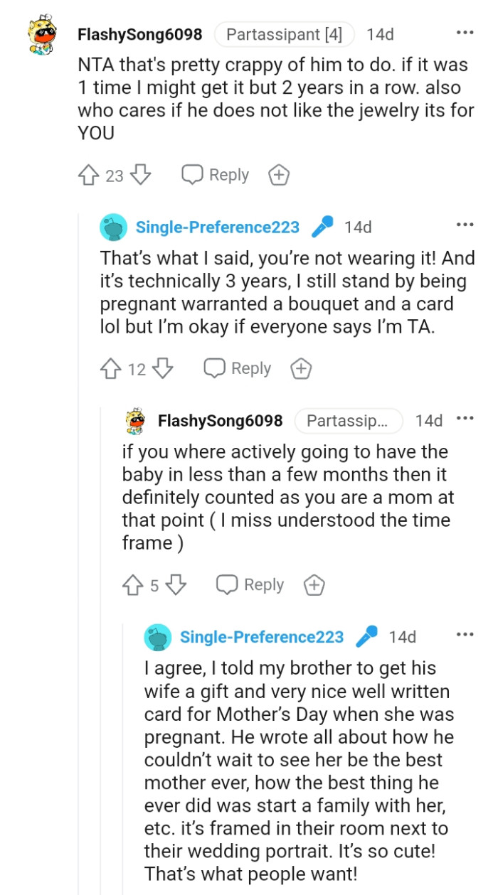 The OP still stands by the belief that being pregnant warrants a bouquet and a card