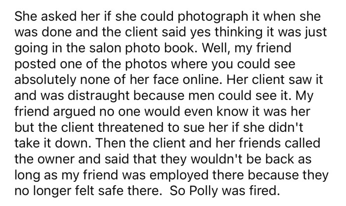 Polly asked if she could photograph the woman's hair. She agreed; however, she didn't realize Polly was going to post the photo online.