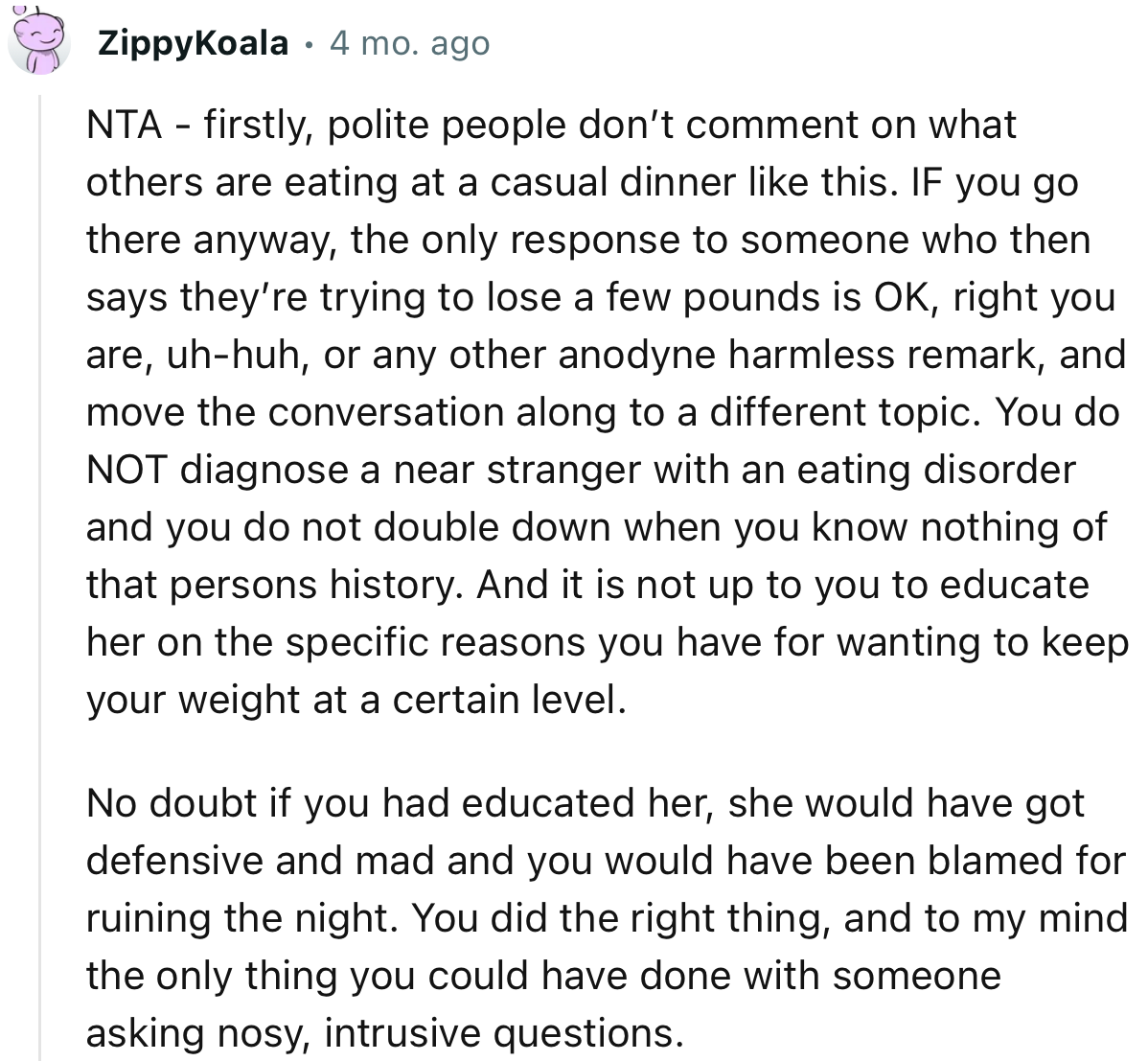“You do NOT diagnose a near stranger with an eating disorder, and you do not double down when you know nothing of that person's history.”