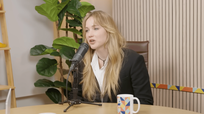 Jennifer Lawrence speaks at an event, addressing controversy over Kourtney Kardashian comments