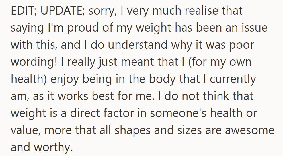 OP clarifies: health, not weight, is the priority, affirming that all body types are valuable.