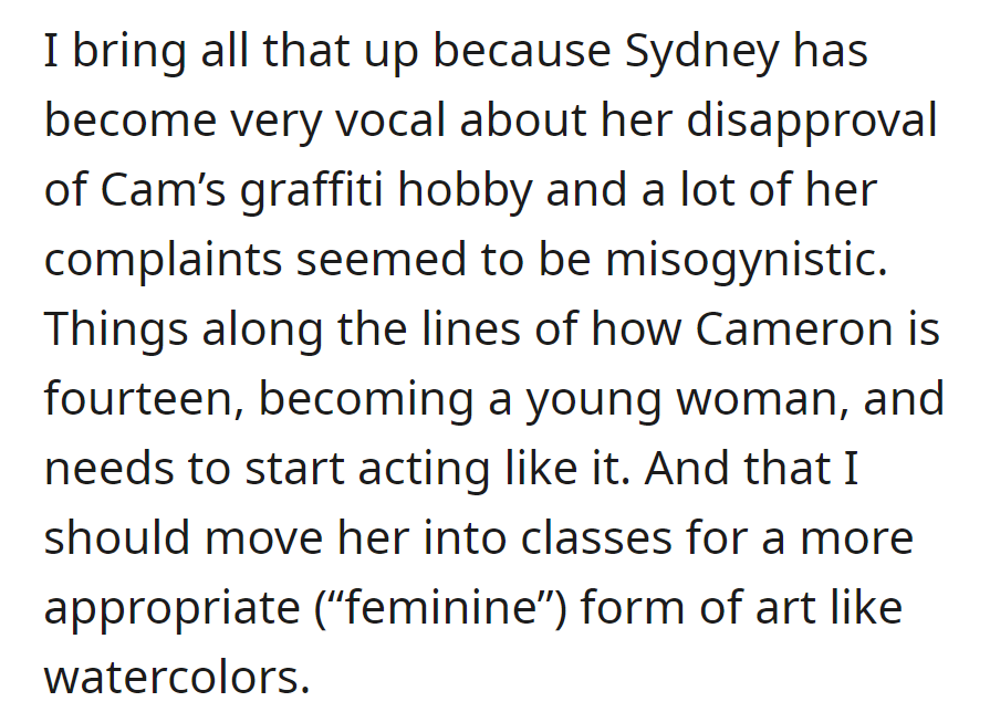 Sydney disapproves of Cam's graffiti, citing misogynistic views and insisting on a shift to a more 