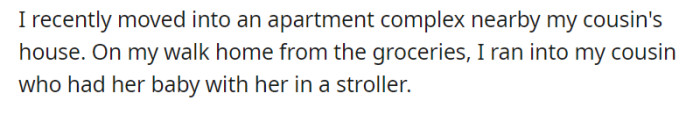 As they walked home from the groceries, OP's cousin appeared with her baby in a stroller, creating an unexpected and heartwarming family reunion right in the midst of their new apartment complex.