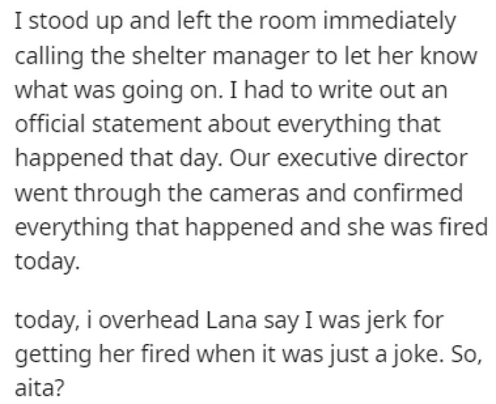 OP told the shelter manager what happened and Sadie got fired
