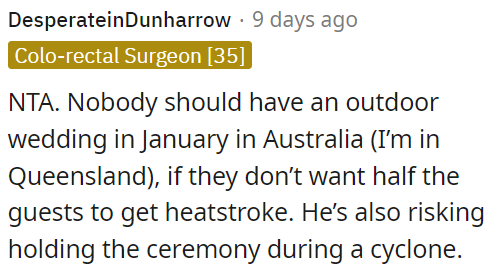 Not a good idea to have an outdoor wedding in January in Australia due to the extreme heat and the risk of a cyclone.