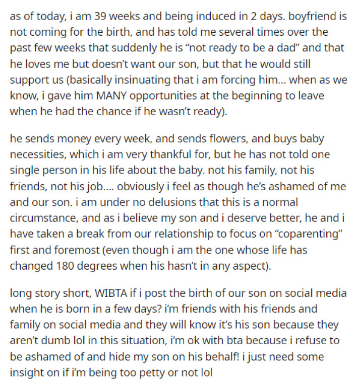 This is when she explains the dad's situation and why he won't be there for the birth of his child.