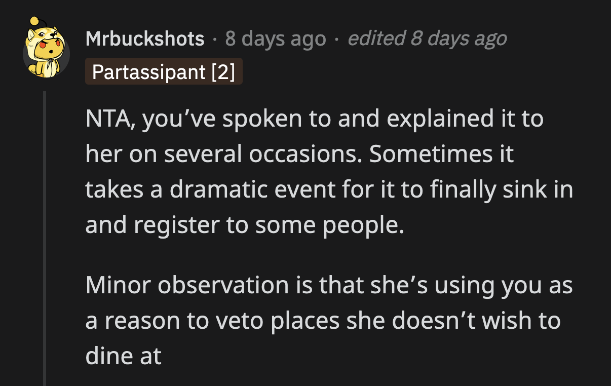 Is Laura Hiding Behind OP's Peanut Allergy to Avoid Going to Restaurants She Dislikes?